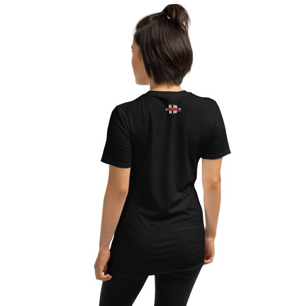 A woman wearing black t-shirt with the word " chicago " on it.