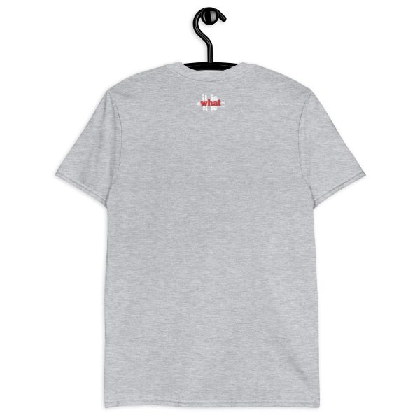 A gray t-shirt with a red and white logo.