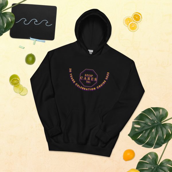 A black hoodie with a design on it