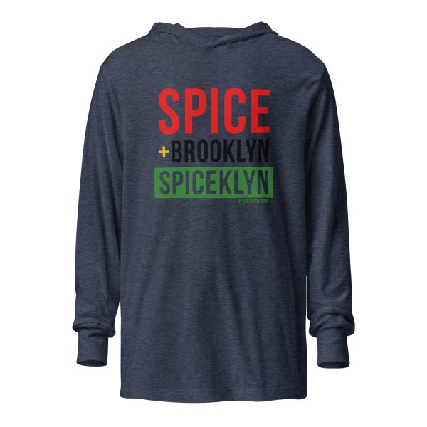 A long sleeve t-shirt with the word spice and brooklyn written in red, green and black.