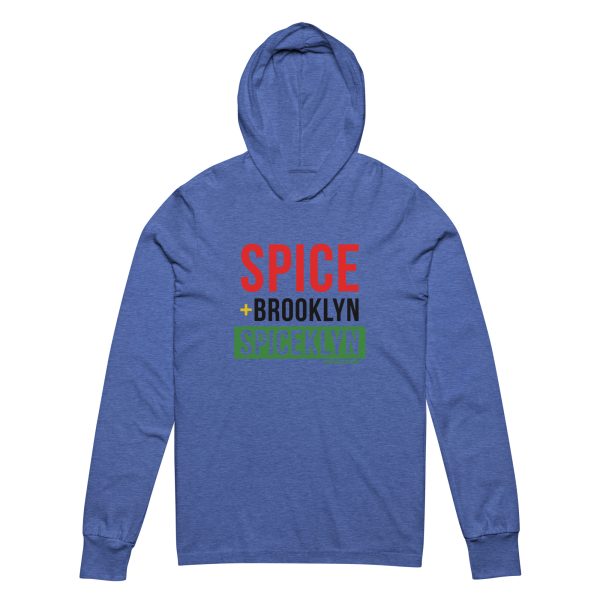 A blue hoodie with the word spice and brooklyn written in red, green and white.