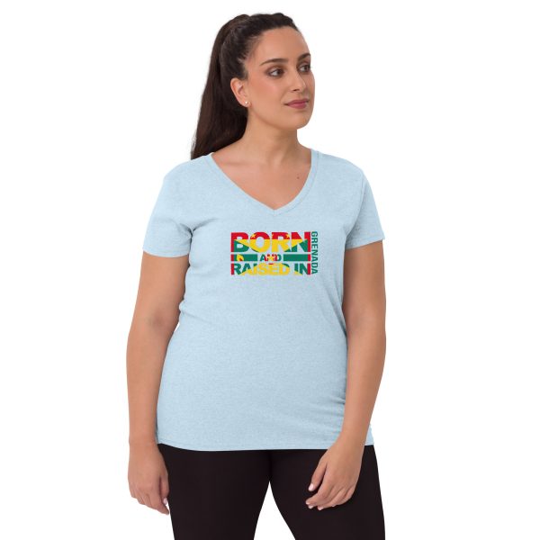 A woman wearing a light blue t-shirt with the word " born " written on it.