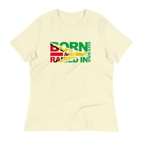 A women 's t-shirt with the words born and raised in jamaica.