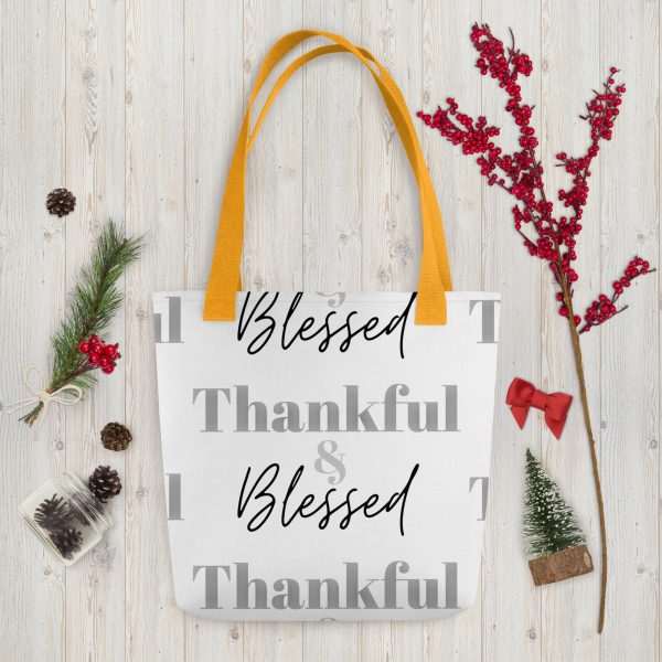 A bag that says blessed, thankful and thankful.