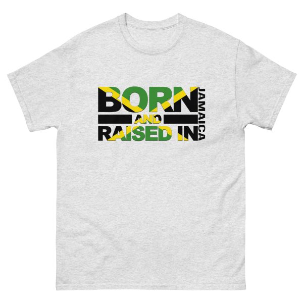 A white t-shirt with the words born and raised in jamaica.