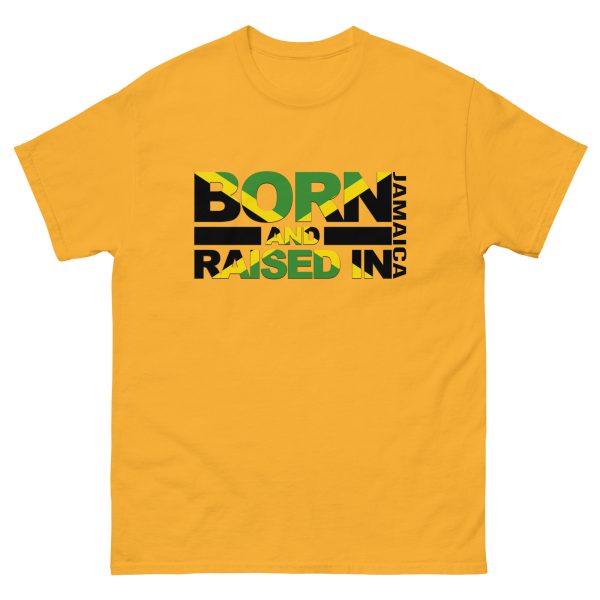 A yellow t-shirt with the words born and raised in jamaica.