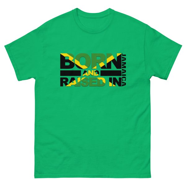 A green t-shirt with the words born reggae written in black and yellow.