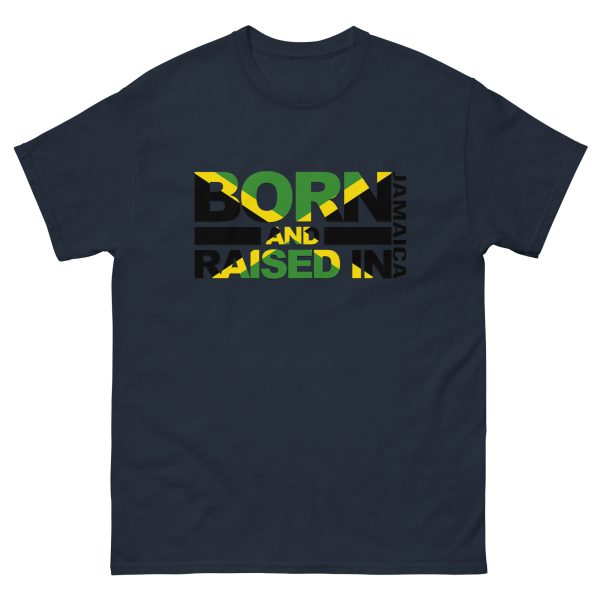 A black t-shirt with the words born and raised in jamaica.