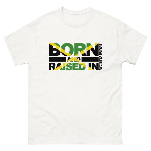 A white t-shirt with the words born and raised in jamaica.