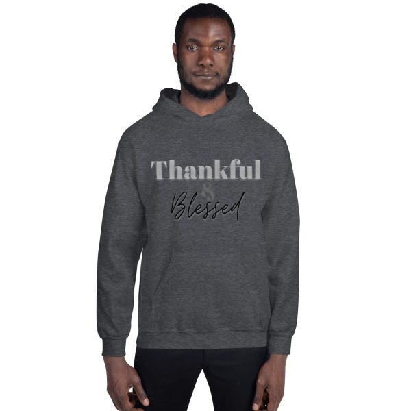 A man wearing a hoodie that says thankful blessed.