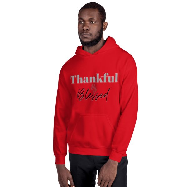 A man in red hoodie with the words thankful blessed written on it.