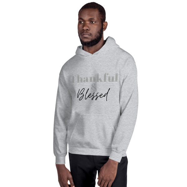 A man wearing a hoodie with the words blessed written on it.