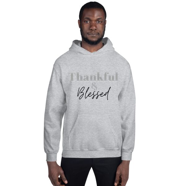 A man wearing a hoodie with the words thankful blessed written on it.