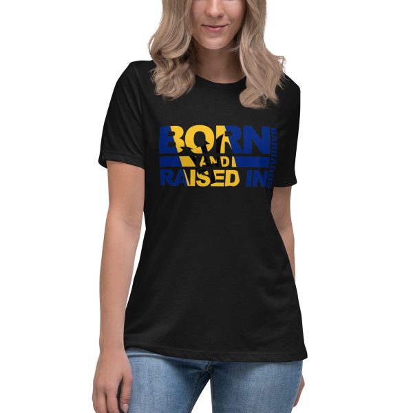 A woman wearing jeans and a t-shirt with the words born and raised written in blue, yellow and black.