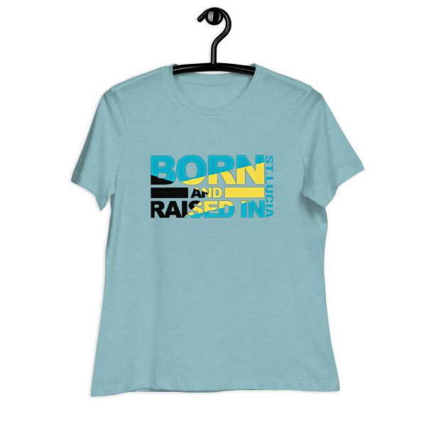 A light blue t-shirt with the words born in raising ink on it.