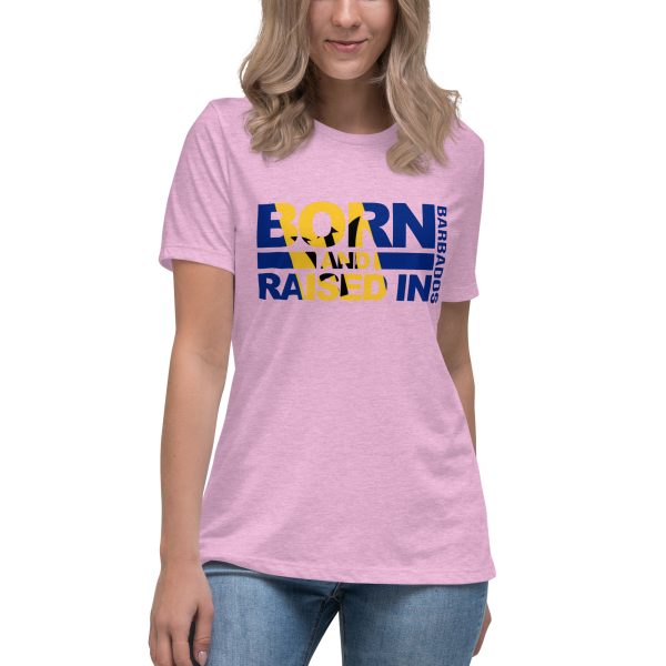 A woman wearing jeans and a t-shirt with the words " born racing ".