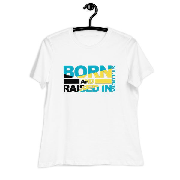 A white t-shirt with the words born raised in jamaica written on it.