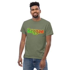 A man wearing a t-shirt with the word reggae written in it.