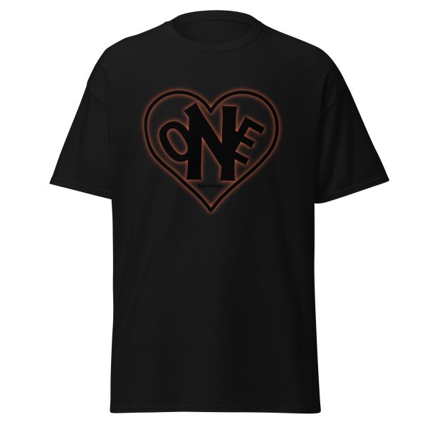 A black t-shirt with an image of a heart.