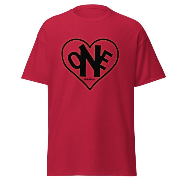 A red t-shirt with the word one in black lettering.