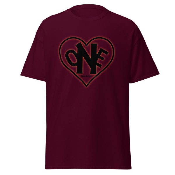 A maroon t-shirt with the word " one " in red.