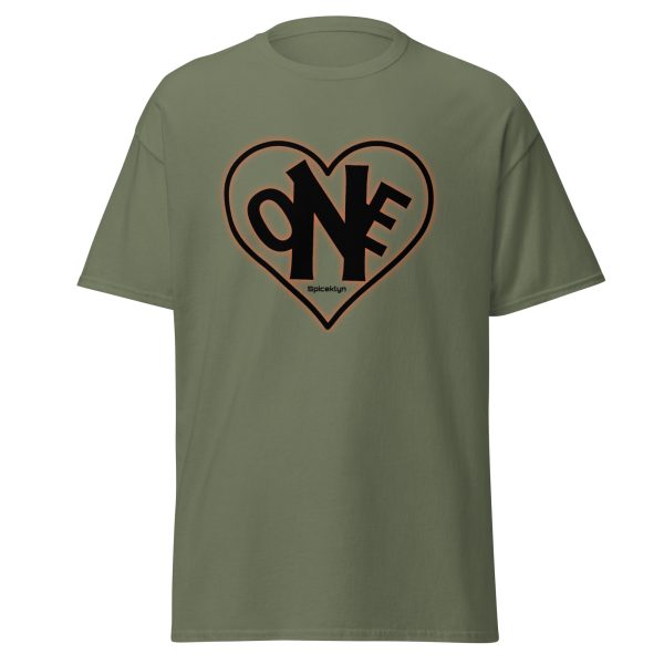 A green t-shirt with the word one in a heart.