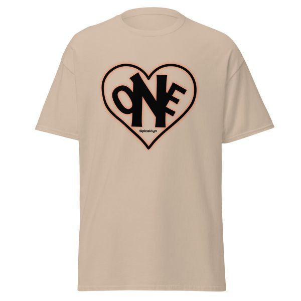 A beige t-shirt with the word one in a heart.