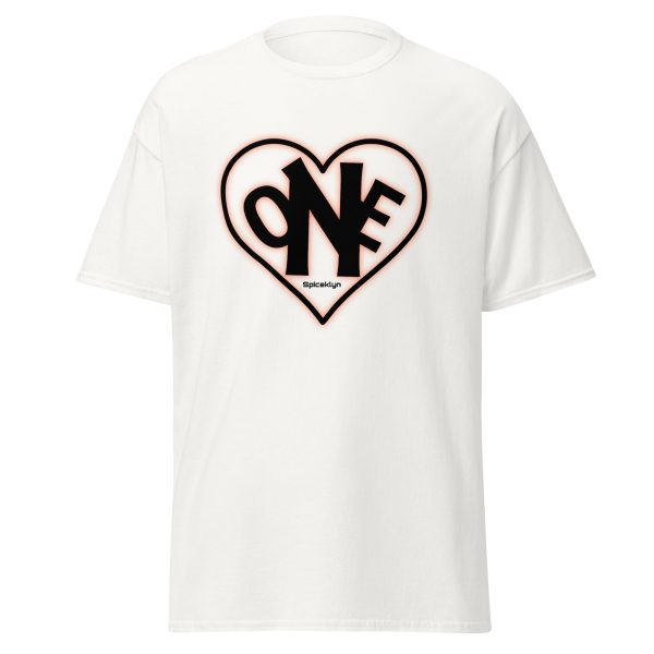 A white t-shirt with the word one in a heart.