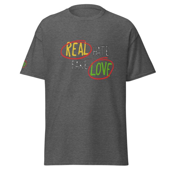 A gray t-shirt with the words " real love ".