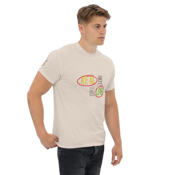 A man wearing a white t-shirt with an image of a pizza.