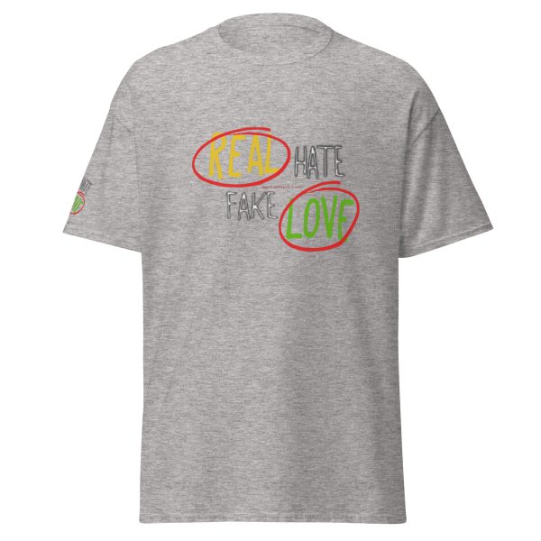 A gray t-shirt with the words " love " and " fraternity."