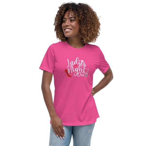 A woman wearing jeans and pink t-shirt with words laugh right